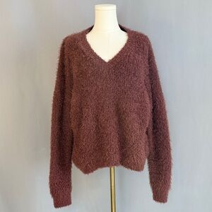 Pink Rose Fuzzy V-Neck Sweater in Mauve